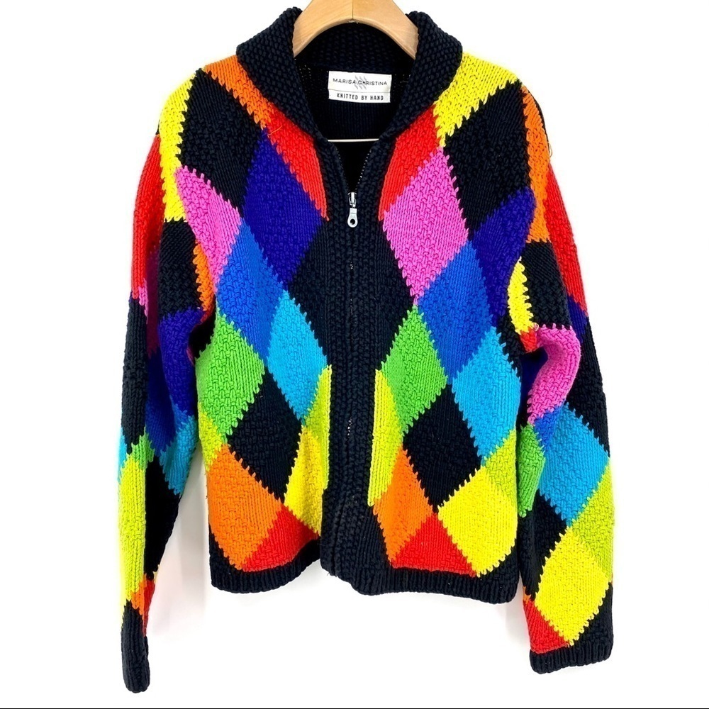 Vintage hand knit neon argyle cardigan M